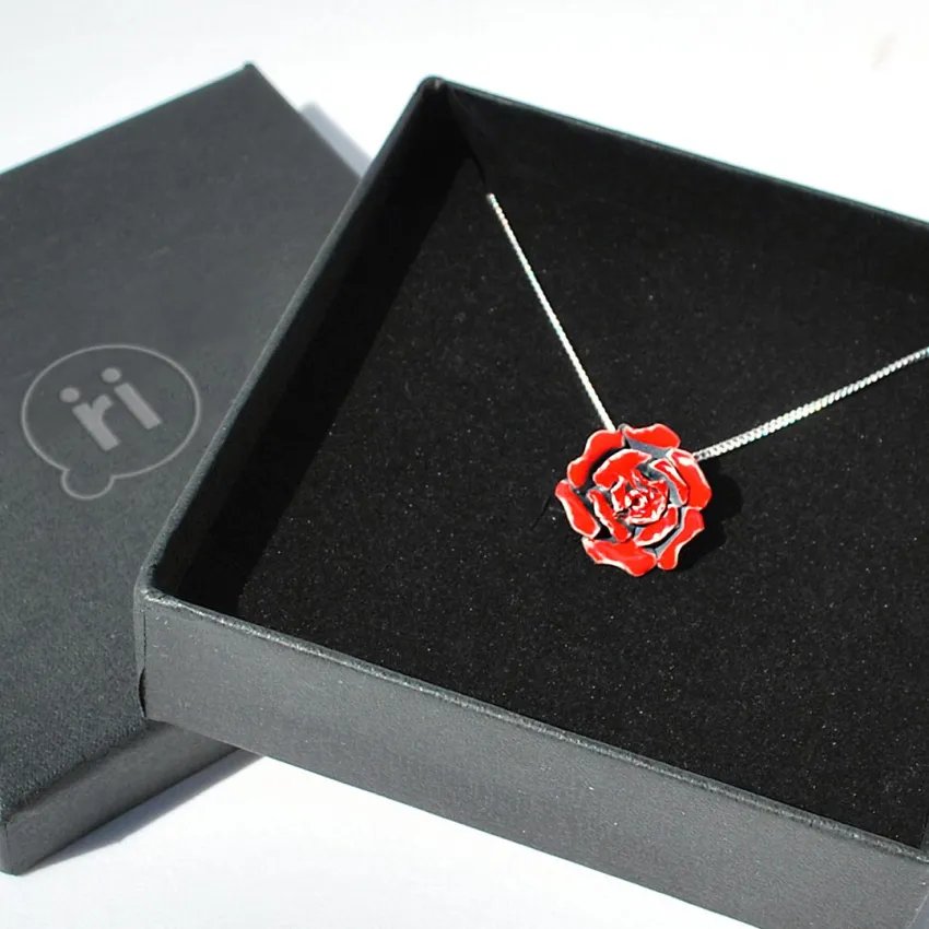 Sant Jordi rose pendant - red enamel silver necklace box