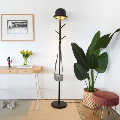 Chapeau floor coat rack with lamp – Black metal designer piece