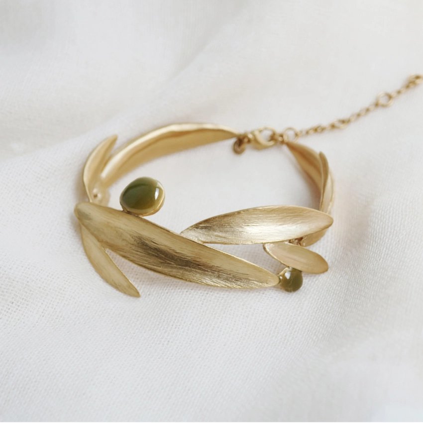 Bracelet doré feuilles émail vert olive 24K
