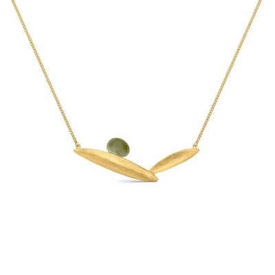 Collier court feuilles émail vert olive 24K