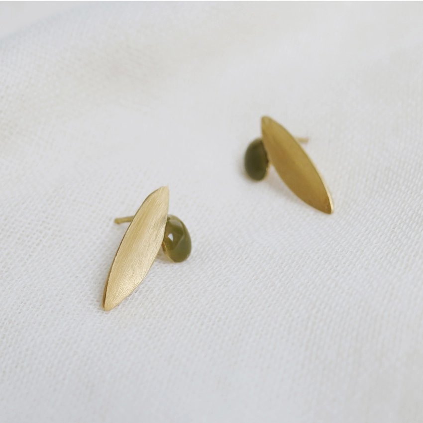 Gold leaf earrings olive enamel 24K plated